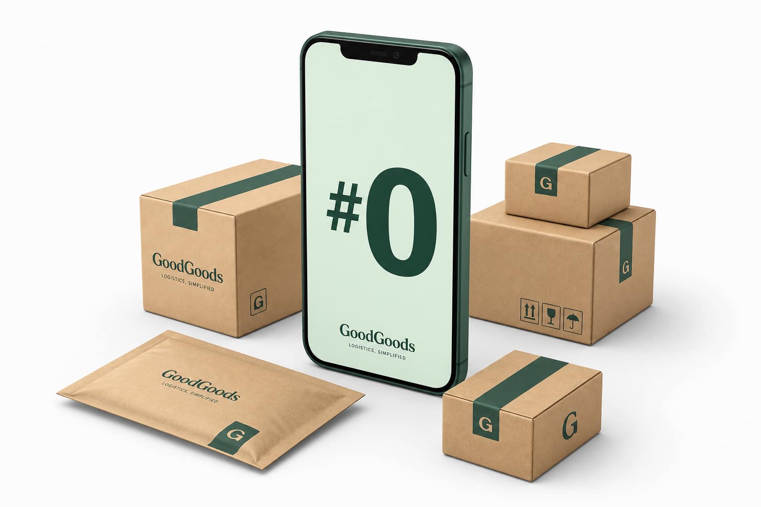 Zero monthly fees mindset — GoodGoods Logistics Smartphone showing zero monthly fees with delivery parcels