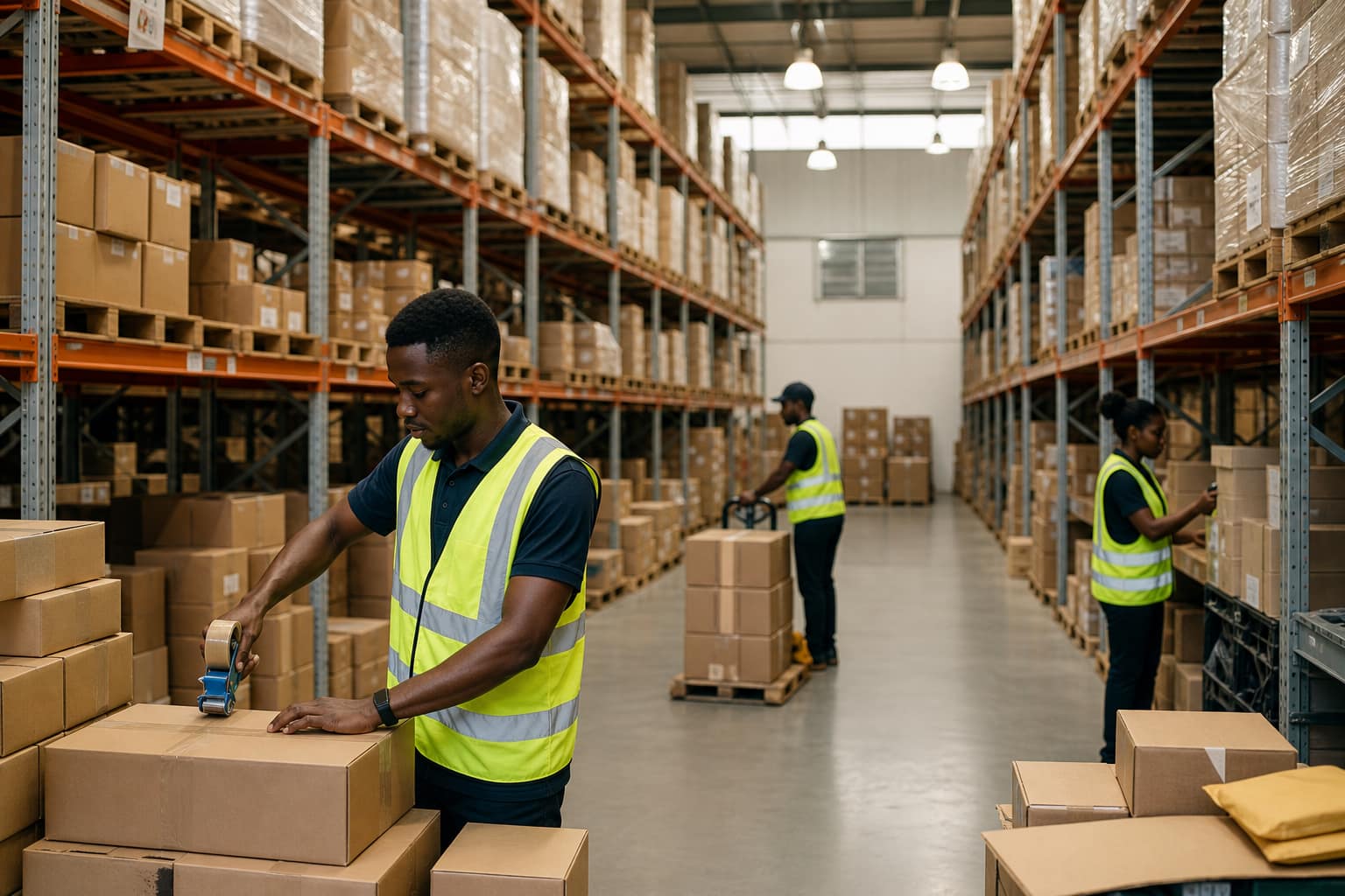 Nigeria warehouse service and fulfillment storage — GoodGoods Logistics GoodGoods Nigeria warehouse service staff receiving and storing ecommerce inventory for fulfillment