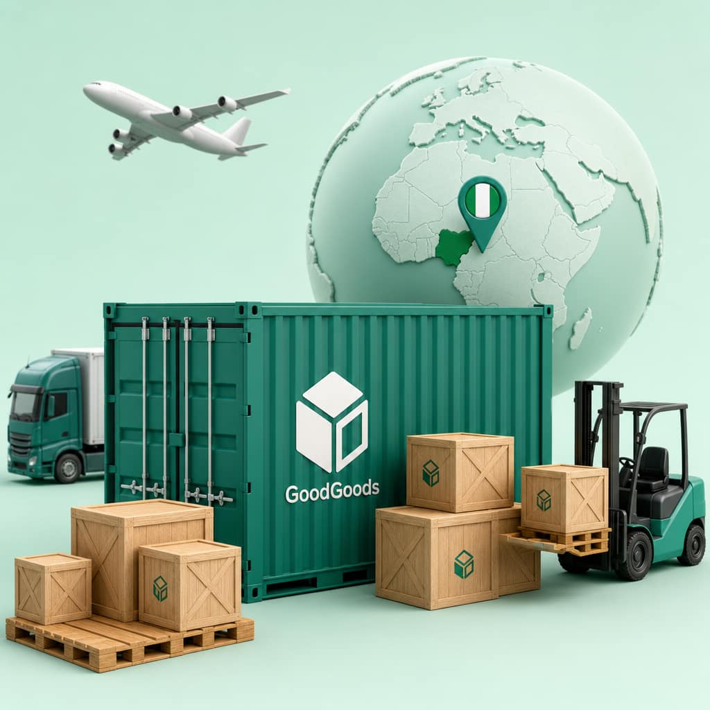 GoodGoods logistics stack China to Nigeria GoodGoods Nigeria-ready logistics stack with branded container and global shipping
